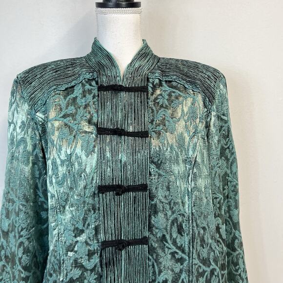 Coldwater Creek Oriental Asian Jacket size Extra Large Sage Green Black Brocade - Picture 3 of 10
